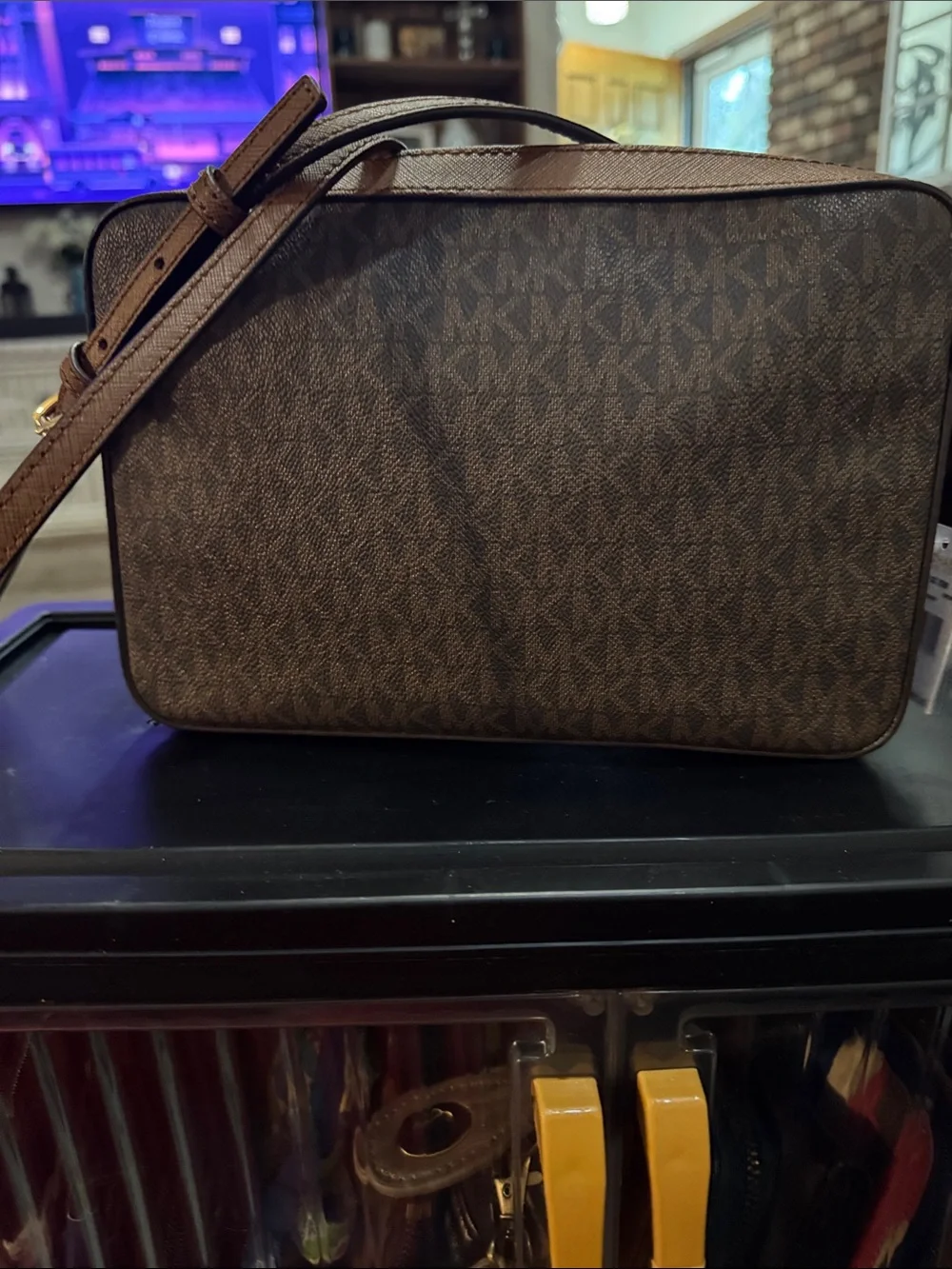 Michael Kors Brown Signature MK Logo Crossbody with Gold Chain